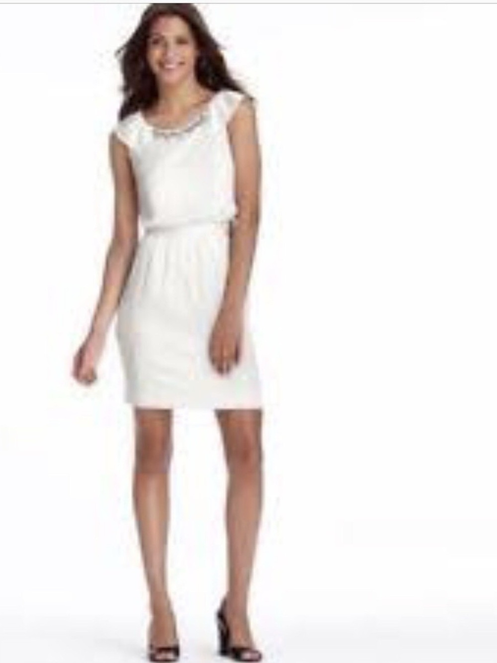 EUC LOFT White Dress w/Gem Accents, Lined and Sleeveless, Perfect Gemstones!!! - Picture 2 of 15